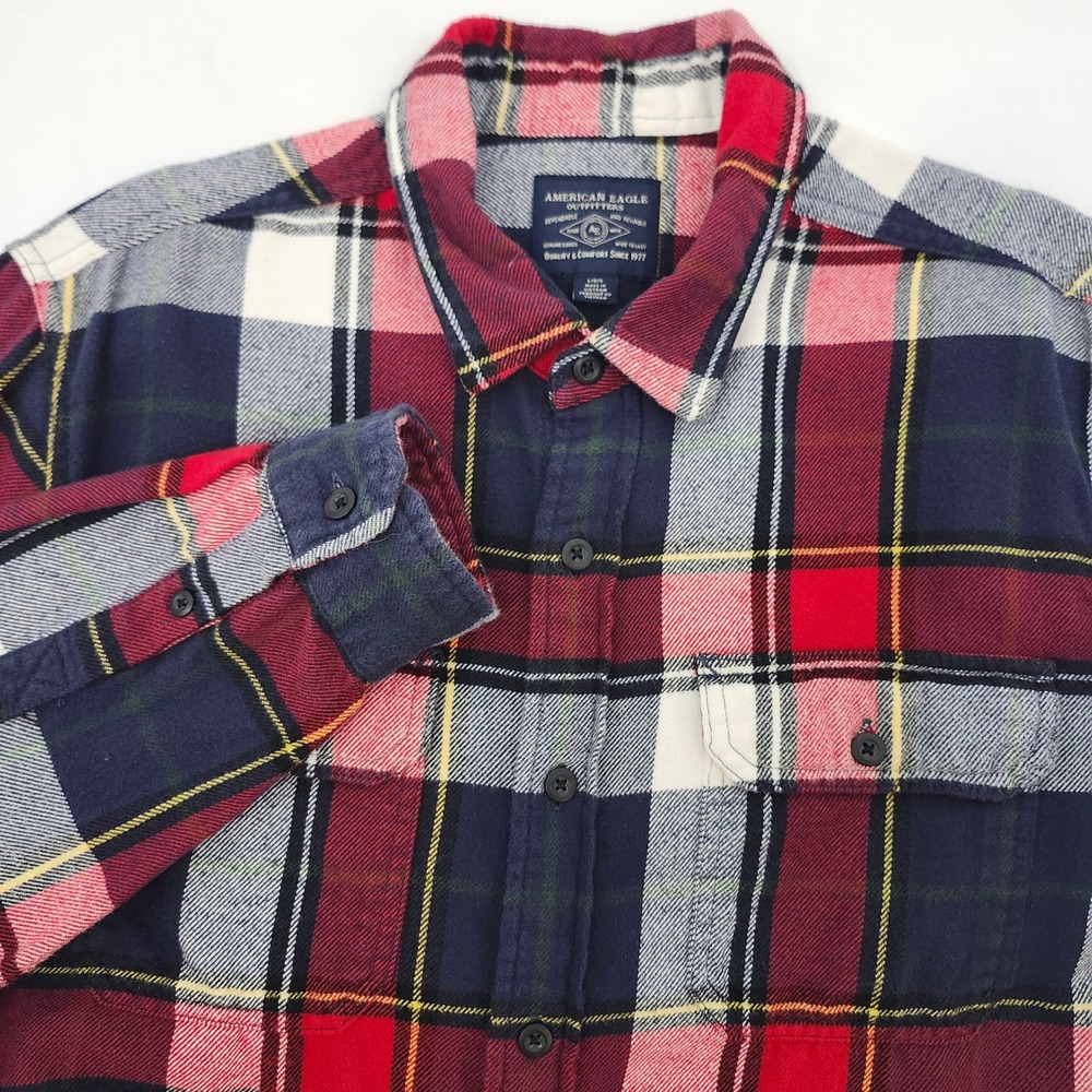 American Eagle Men Plaid Flannel Shirt Large Red Blue Classic Cabincore Rugged